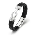 Detail view of black braided leather cremation memorial bracelet with steel clasp - 20cm / Black