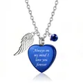 Blauwe hartvormige urn ketting met engelenvleugel hanger en gegraveerde boodschap - Hart-Strass-Vleugelhanger / Blauw