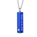 Elegante blauwe gedenkurn ketting met Always on my mind gravure voor de asresten - Vierkante Kolom Hanger / Blauw