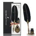 Vintage feather pen calligraphy set with carved holder and ink in a premium gift box. - Silver Stamped Engraved Style (SP399-02) / Black With Gold Foil