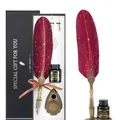 Vintage burgundy feather quill pen set with calligraphy ink and ornate bronze stand - Silver Stamped Engraved Style (SP399-03) / Burgundy Gold Sprinkle
