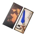 Elegant blue vintage feather quill pen set in golden world map gift box variant - European Retro (SFDPB009002) / Sapphire Blue