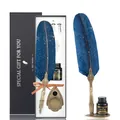 Vintage quill pen set with blue gold-flecked feather and black gift box. - Silver Stamped Engraved Style (SP399-04) / Navy Blue Gold Sprinkle