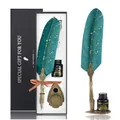 Teal and gold vintage feather pen set with carved bronze holder in a black gift box. - Dark Green Gold Sprinkle
