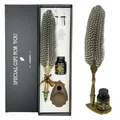 Vintage quill feather pen calligraphy set in black gift box with ink and stand - Guinea Hen Spotted