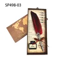 Vintage red feather dip pen gift set with world map theme box, ink bottle and extra nibs - SP498 Series (With Ink + 5 Nibs) / Wine Red (SP498-03)