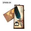 Antique vintage teal crown feather quill pen set with world map design gift box and nibs - SP498 Series (With Ink + 5 Nibs) / Lake Blue (SP498-04)