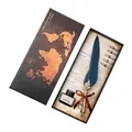 Retro European blue feather quill pen set with ink and 5 replacement nibs in a map box - European Retro (SFDPB009033)