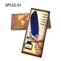 Antique blue feather quill pen gift set including ink and 5 nibs in map themed box - Royal Blue (SP535-01)