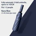 Automatic 3-fold navy blue umbrella with 12 reinforced ribs and 105cm wide canopy - Automatic Sun & Rain Umbrella / M-Series 12-Rib - Navy Blue