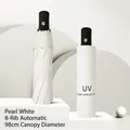 Pearl white automatic folding umbrella with 8 ribs and UV protection black glue coating - Automatic Style / 8 Ribs / Off White