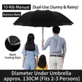 Extra large black sun and rain umbrella for 2-3 people with 130cm diameter windproof - Manual Jumbo 10 Ribs / Diameter 130cm / Black