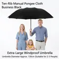 Large 130cm black windproof umbrella with 10 sturdy ribs, suitable for 2-3 people - Extra Large 10-Rib Manual Pongee / Black