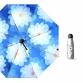 Portable titanium silver 5-fold folding sun umbrella with blue floral interior pattern - 5-Fold Mini / 5-Fold Mini Air Deep Blue Floral
