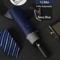 Sturdy navy blue automatic folding umbrella with 12 ribs and safety reflective grey edge - Enlarged 12-Rib (Reflective Series) / Navy Blue