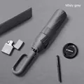 Windproof automatic misty grey umbrella with carabiner handle for sun and rain protection - Ring Buckle Series (20 Ribs) / Mist Grey