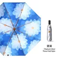 Premium titanium silver 3-fold sun and rain umbrella with blue daisy floral pattern - Large Size / 3-Fold Pro Large Deep Blue Floral