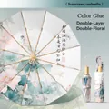 Sombrilla de protección UV con flores chinas, 24 varillas y tela de doble capa - 12-Varillas Manual (24 Equivalente Doble) / Marco Dorado Loto Elegante