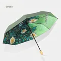 Elegant dark green folding sun umbrella with floral oil painting print and wooden handle - Japanese Illustration Series / Wild Rose