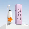 Compact mini 5-fold sun umbrella with curved handle and decorative orange flower - Flower Design / 5-Fold 6-Ribs / Off White