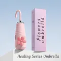 Compact pink mini sun umbrella with curved handle and 3D flower decoration for travel - Flower Design / 5-Fold 6-Ribs / Sakura Pink