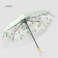 Folding sun umbrella with green floral print and wooden handle in cool green - Japanese Illustration Series / Elegant Green