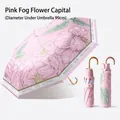 UPF 50+ UV protection foldable pink sun umbrella with floral print and 99cm diameter - 3-Fold Parasol / Pink Mist Flower (Gilded Hook Handle)