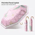 Pink floral folding umbrella with UPF50+ sun protection and 99cm diameter - 3 Fold 8 Ribs / Pink Mist Flower (Gilded Hook Handle)