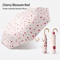 Cream-colored folding sun and rain umbrella with a delicate red cherry pattern print - 3 Fold 8 Ribs / Willow Cherry (Gilded Hook Handle)
