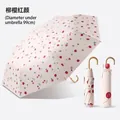 UPF50+ sun and rain folding umbrella with vintage cherry pattern and wooden handle - 3-Fold Parasol / Willow Cherry (Gilded Hook Handle)