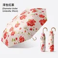 UPF50+ folding sun umbrella with elegant red floral pattern and 99cm diameter coverage - 3 Fold 8 Ribs / Floating Black Tea (Gilded Hook Handle)