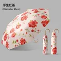 Elegant red floral folding umbrella with 99cm diameter for UV protection and rain - 3-Fold Parasol / Floating Black Tea (Gilded Hook Handle)