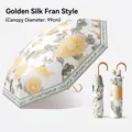 Portable UPF50+ folding sun umbrella with yellow chrysanthemum print, 99cm diameter - 3 Fold 8 Ribs / Gilded Chrysanthemum (Gilded Hook Handle)