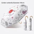 Vintage floral and bird print folding sun umbrella with UPF50+ protection, 99cm - Ancient Flower & Bird (Gilded Hook Handle)
