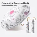 Elegant floral print sun and rain umbrella with UPF 50+ coating and 99cm diameter - Ancient Flower & Bird (Gilded Hook Handle)