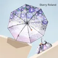 Portable double-layer 5-fold parasol with purple floral illustration and bag - Double-Layer 5-Fold (With Bag) / Starry Violet