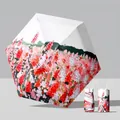 Compact portable five-fold sun and rain umbrella with a vibrant red floral cherry pattern - 6-Fold Oil Painting Floral Umbrella / 14cm (Folded Diameter) / Ocean Cherry