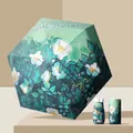 Compact 5-fold umbrella with Wild Roses oil painting pattern for sun and rain protection. - 6-Fold Oil Painting Floral Umbrella / 14cm (Folded Diameter) / Wild Rose