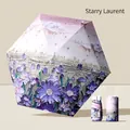 Compact portable five-fold UV protection umbrella featuring artistic purple floral oil painting - 6-Fold Oil Painting Floral Umbrella / 14cm (Folded Diameter) / Starry Violet