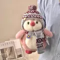 Cute plush penguin doll wearing a knitted hat and scarf for souvenir collection - 12cm Pendant / Pink