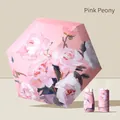 Compact folding sun and rain umbrella with artistic pink peony floral oil painting print - Oil Painting Pink Peony