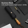 Automatic folding umbrella in business black featuring 60-rib strong construction - Extra Large with Solid Wood Handle / 60 Ribs Reinforced Structure / Black