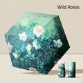Compact UV protection folding umbrella with artistic wild roses oil painting pattern - Oil Painting Wild Roses