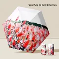 Compact six-fold sun umbrella with red floral print and matching protective sleeve - 15cm Flat 6-Fold / Ocean Cherry