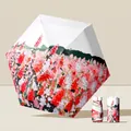 Portable folding UV protection umbrella with vibrant red cherry blossom oil painting print - Oil Painting Vast Sea Red Cherry