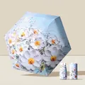 Compact folding umbrella with blue gradient oil painting flower pattern and matching sleeve - Oil Painting Breezy Flowers