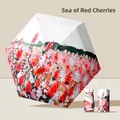 Compact UV protection sun umbrella featuring a vibrant red cherry floral oil painting print - 15cm Six-Fold Flat Umbrella / Ocean Cherry