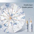 Paraguas plegable vintage de 24 varillas, doble capa floral, protección UV sol y lluvia - 12-Varillas Manual (24 Equivalente Doble) / Marco Dorado Jazmín Azul