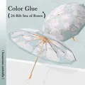 Premium retro folding sun umbrella with 24 ribs and romantic rose pattern in light blue - 3-Fold 24 Ribs / Rose Sea