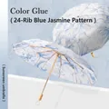 Elegant Jasmine Blue floral sun umbrella with 24 ribs for windproof UV protection - 3-Fold 24 Ribs / Blue Jasmine